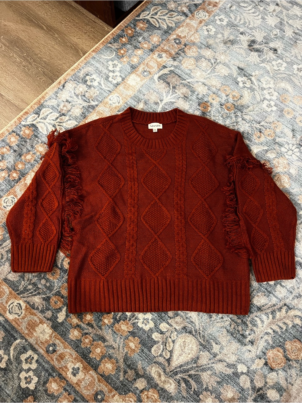 Cable-Knit Fringe Crewneck Sweater in Rust